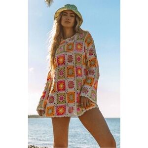 Show Me Your MuMu Crochet Coverup in Cream with Pink, Orange & Yellow Accents